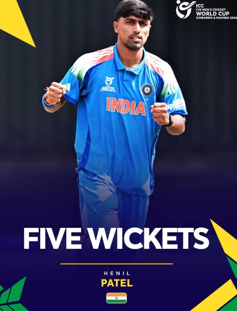 Henil Patel after taking 5 wickets for 16 runs against the USA cricket team in the U19 World Cup