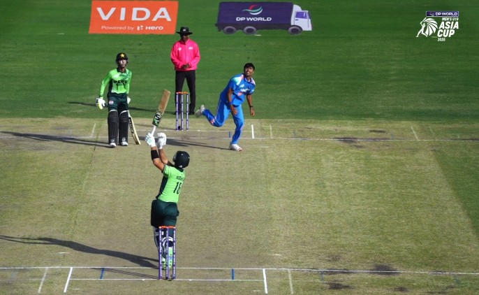 Henil Patel bowling during the U19 Asia Cup December 2025