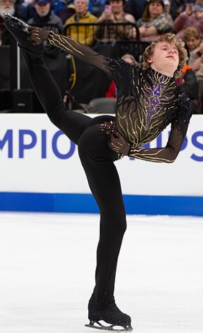 Ilia Malinin performing a catch foot camel spin during his free skate at the 2026 U.S. Championships