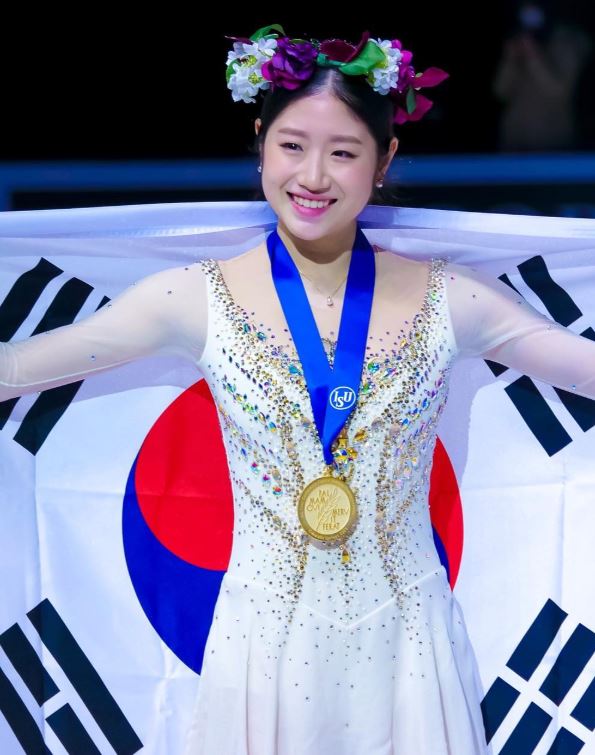 Lee Hae-in after winning gold at the 2023 Four Continents Championships in Colorado Springs