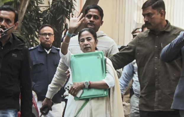 Mamata Banerjee, while coming out of I-PAC head office after collecting the documents