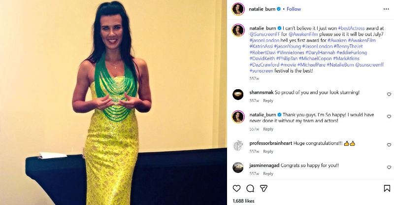 Natalie Burn with the Best Actress award, which she won at the 2015 Sunscreen Film Festival