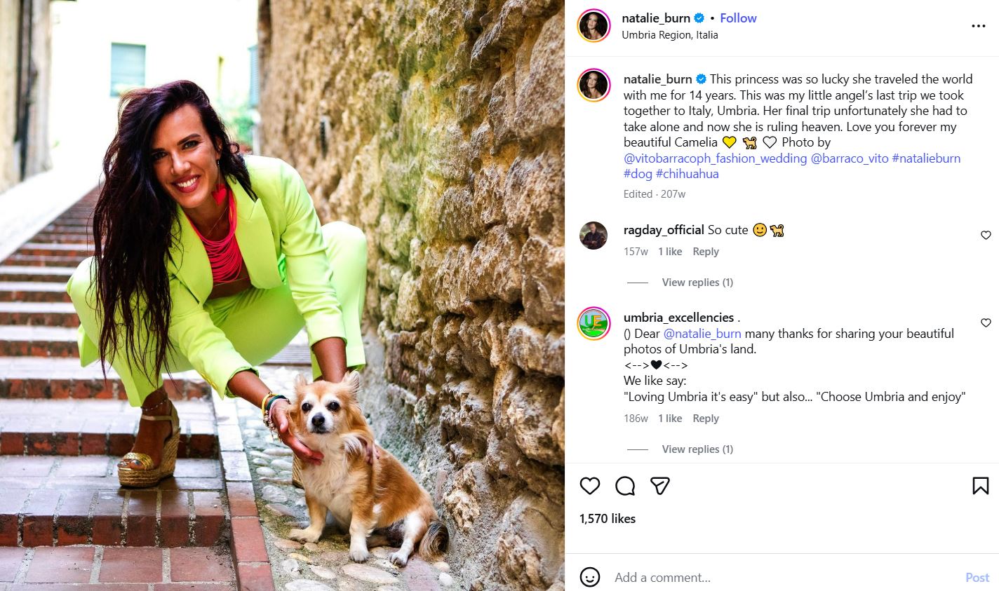 Natalie Burn's Instagram post about her pet, Camelia