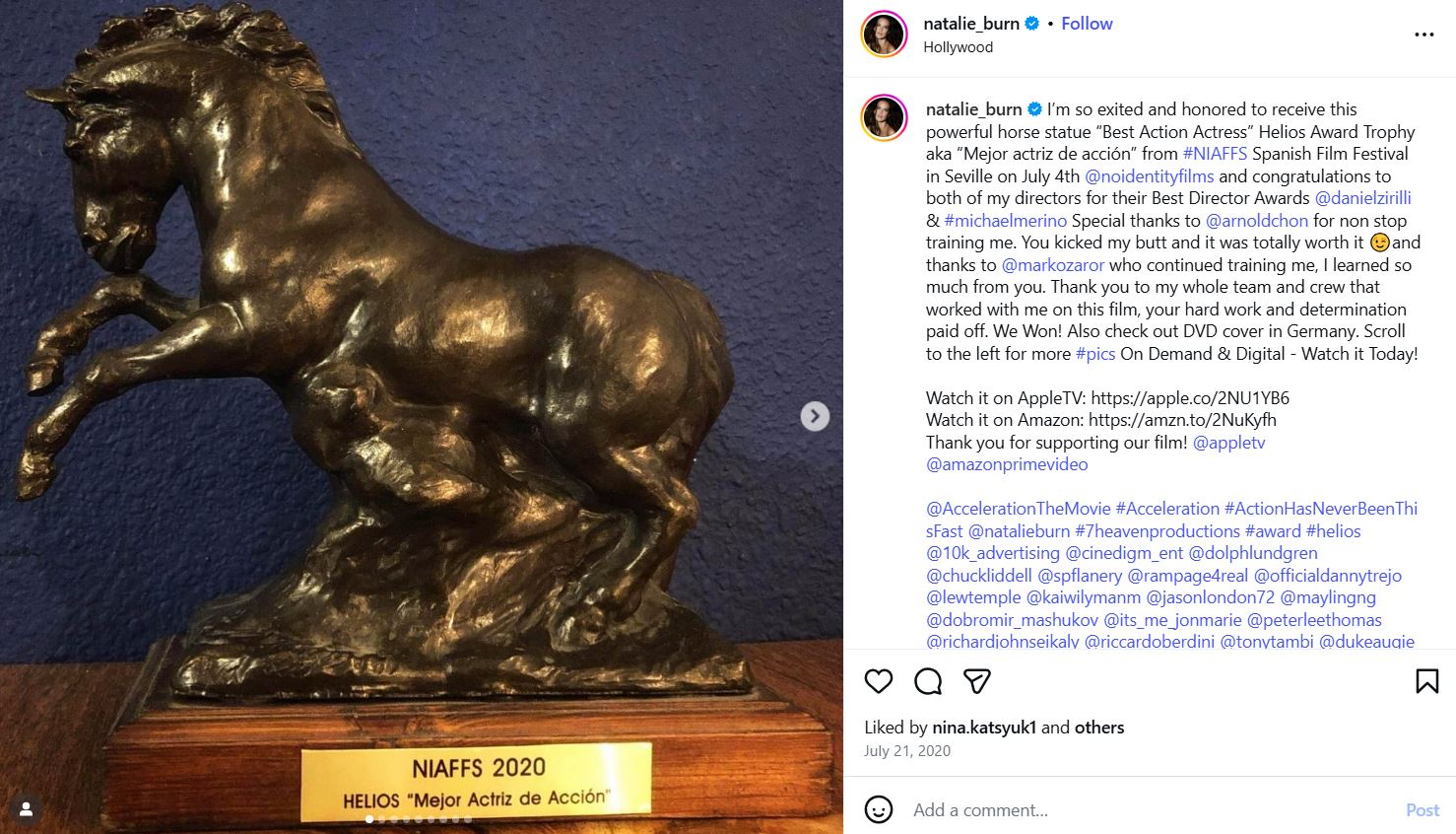 Natalie Burn's Instagram post about receiving an award at the 2020 NIAFFS
