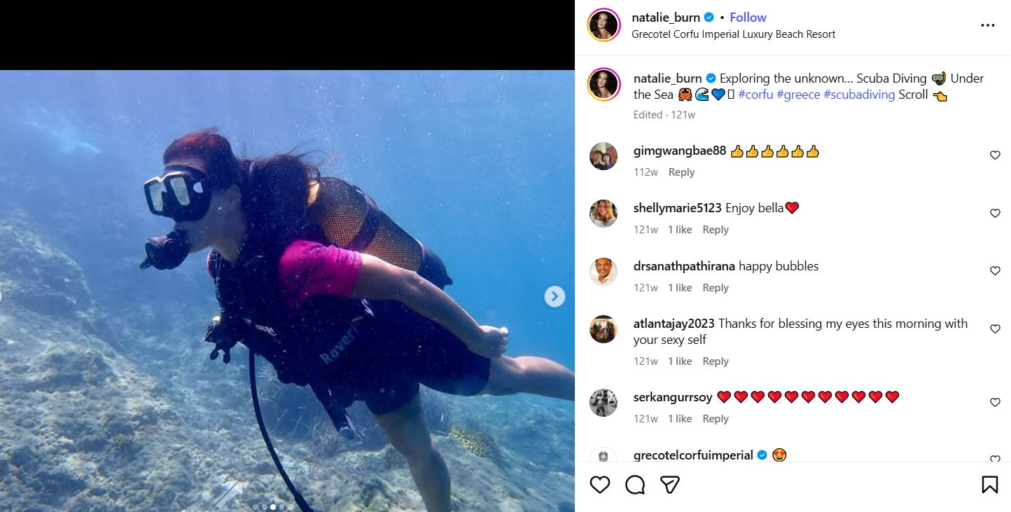 Natalie Burn's Instagram post about scuba diving in Greece