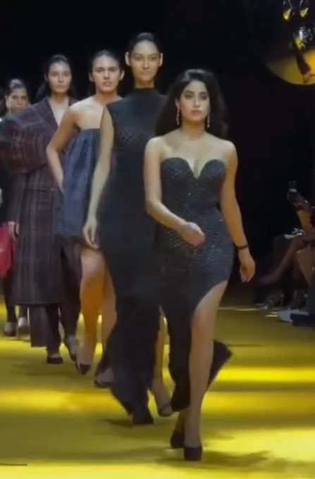 Tamanna Katoch walking behind Jhanvi Kapoor at Lakmé Fashion Week in March 2025