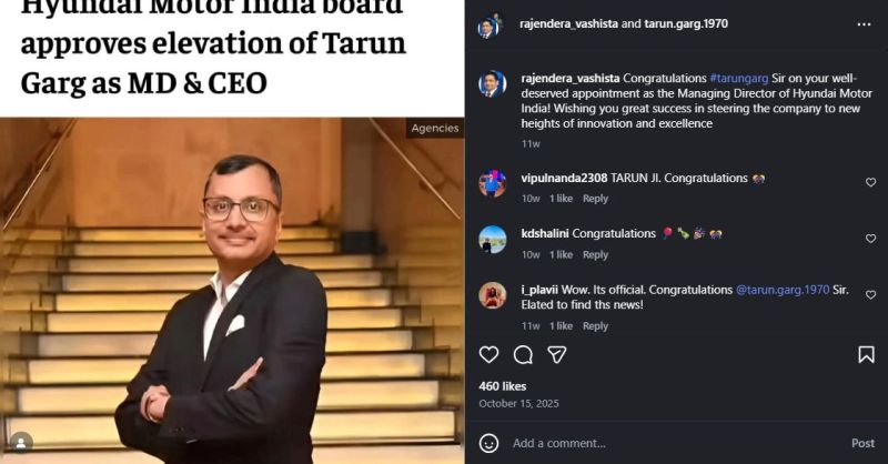 Tarun Garg's Instagram post on being promoted as MD and CEO of Hyundai Motor
