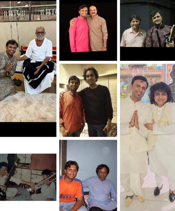 A collage of pictures by Bhagirath Bhatt with his music gurus