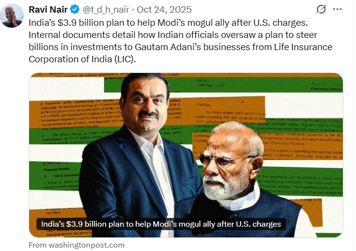 A tweet by Ravi Nair