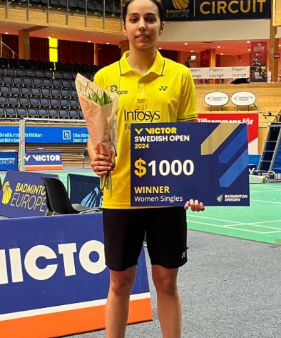 Devika Sihag, when she won Victor Swedish Badminton's singles title