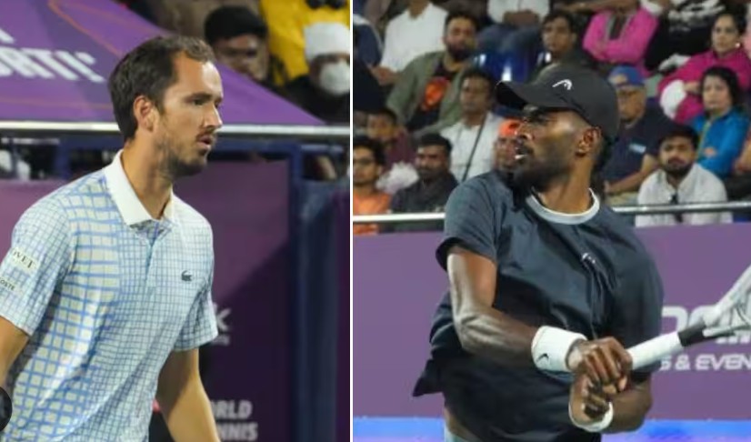 Dhakshineswar Suresh and Daniil Medvedev playing at the World Tennis League in Bengaluru, India in 2023
