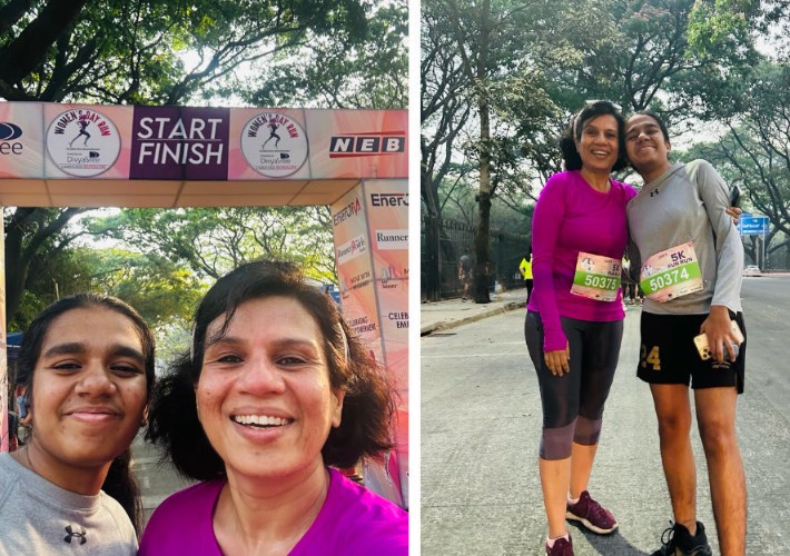 Irina Ghose with her daughter during a marathon