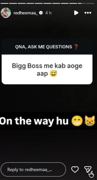 Redheemaa's Instagram story about her entry to Bigg Boss Season 20