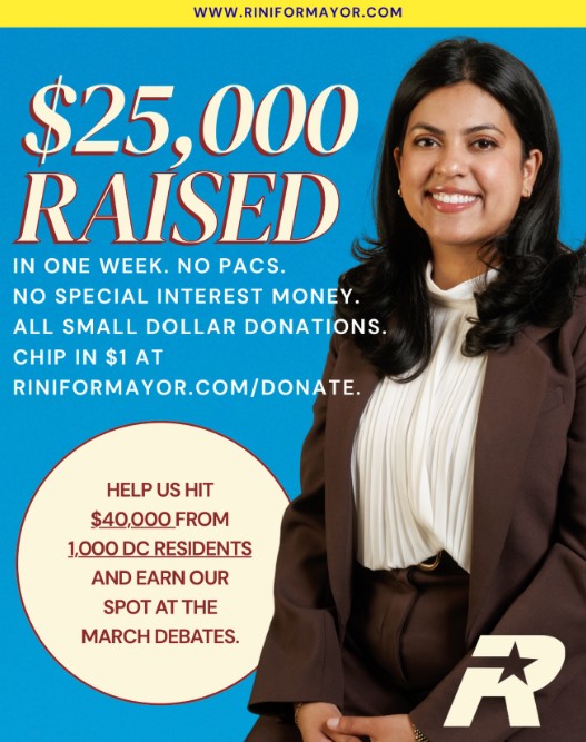 Rini Sampath on the poster of her campaign after announcing her candidacy in the Democratic primary for Washington, DC's mayor