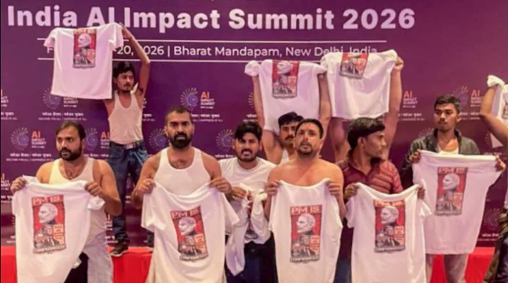 The shirtless protestors at the India AI Impact Summit in Bharat Mandapam, New Delhi, India