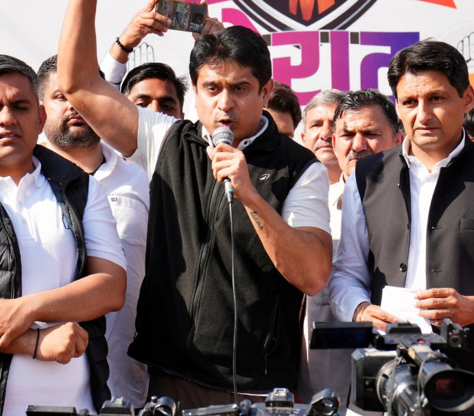 Uday Bhanu Chib speaking during a political rally