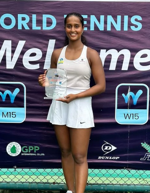 Vaishnavi Adhkar posing with her silver medal in W15 Singles at the World Tennis Tour organised in Thailand