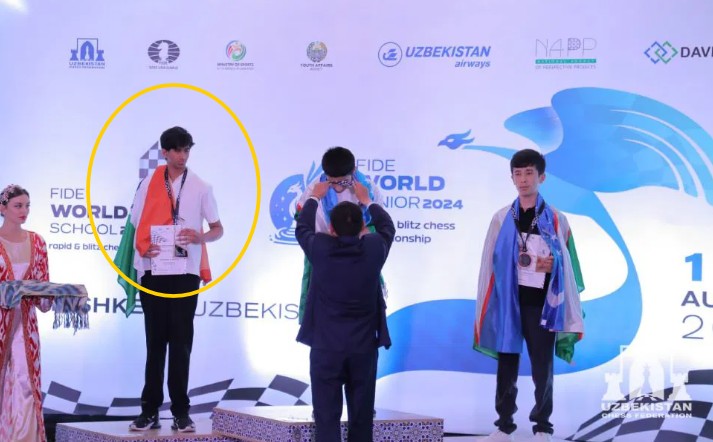 Aarav Dengla posing his medal at the FIDE World Schools Rapid and Blitz championships (2024)