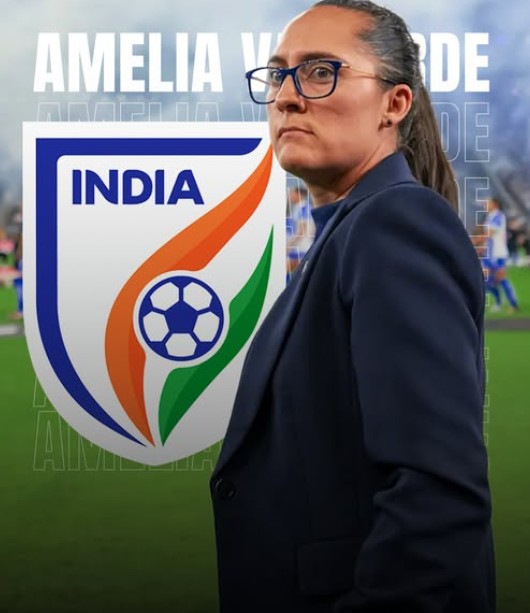 Amelia Valverde on a poster after being appointed as a head coach of the Indian women's national football team by the All India Football Federation (AIFF).