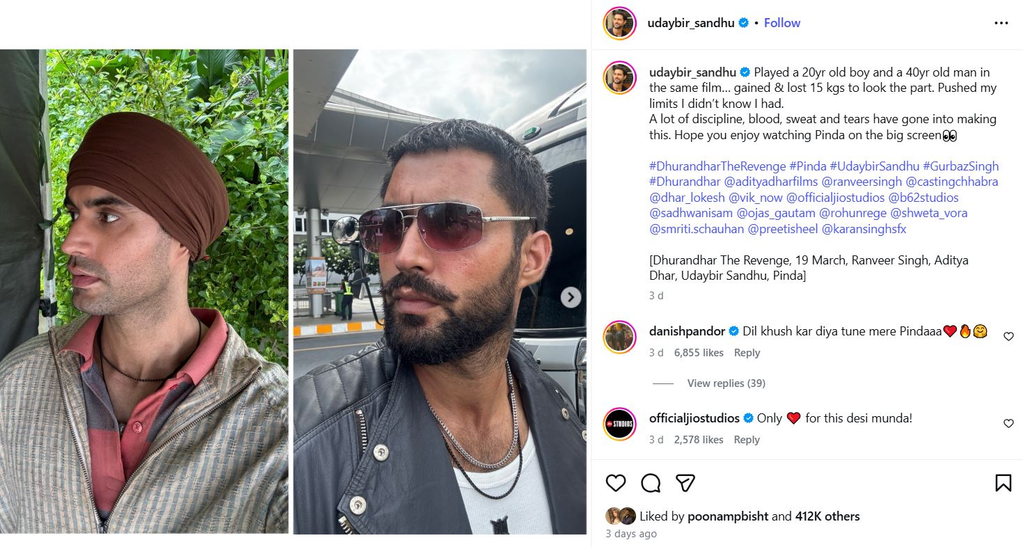 An Instagram post shared by Udaybir Sandhu, about his roles in the film Dhurandhar The Revenge