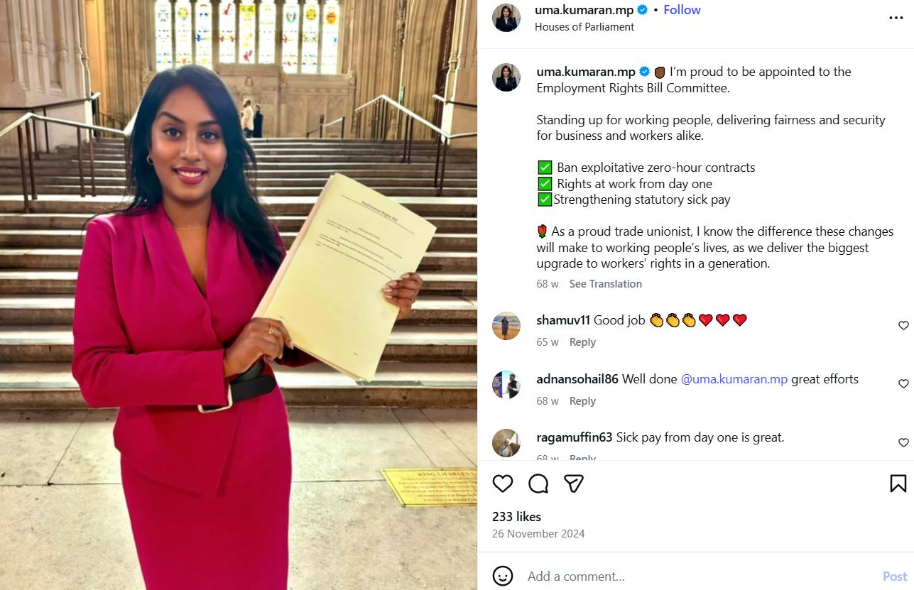An Instagram post shared by Uma Kumaran, when she was appointed to the Employment Rights Bill Committee