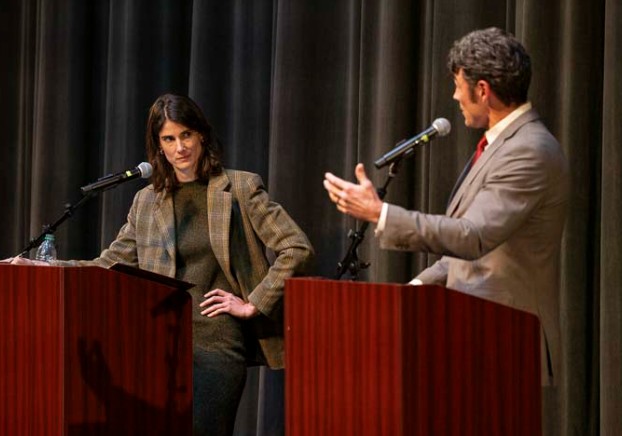Joe Kent and Marie Gluesenkamp Perez during a debate ahead of general election
