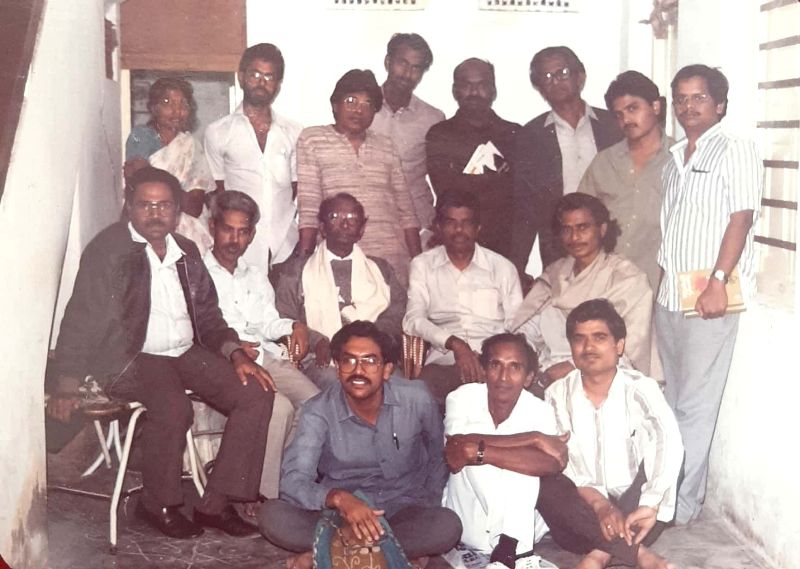 Nandini Sidda Reddy (sitting, left), along with other writers, during the audio cassette recording of Jalapatalu (1988) released by the Manjira Writers' Association