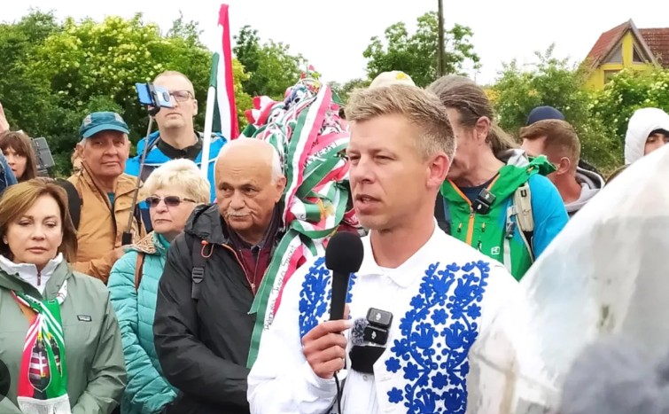 An old picture of Péter Magyar during a rally