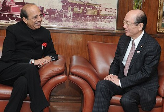 Trivedi with Takeshi Maeda, Minister of Land, Infrastructure, Transport and Tourism (MLIT), Government of Japan to discuss bilateral issues in the field of rail transportation and various aspects of high speed train corridors in India, in New Delhi on 12 January 2012.