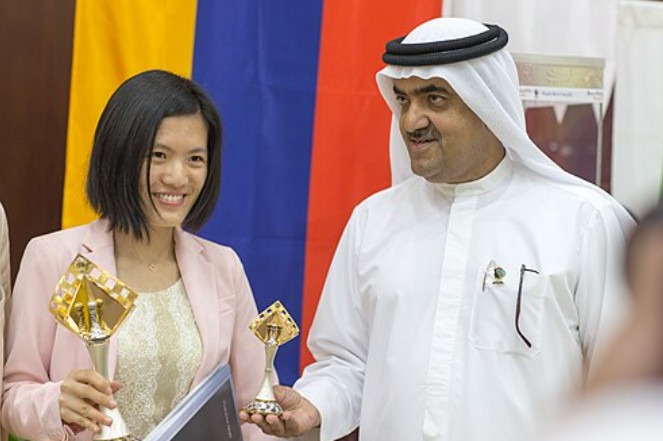 Hou Yifan during the Grand Prix Cup award ceremony in Sharjah, UAE