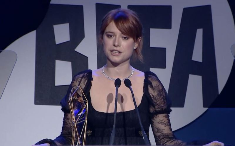 Jessie Buckley, after winning an award at the 2018 British Independent Film Awards (BIFA)