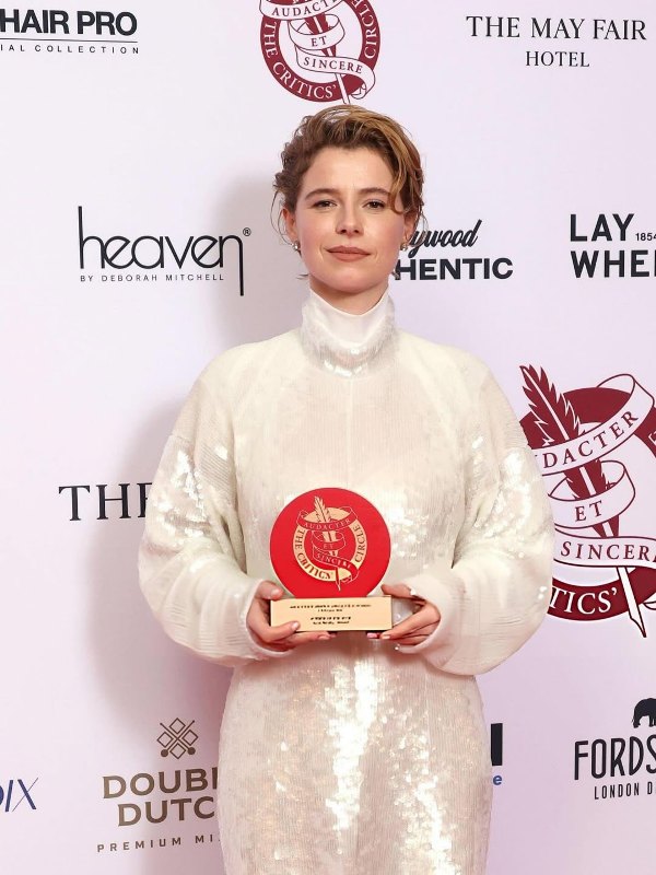 Jessie Buckley posing with an award, which she won at the 46th London Film Critics' Circle Awards (2026)
