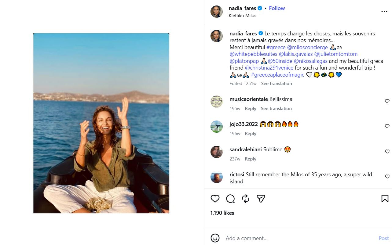 Nadia Farès's Instagram post about her trip to Greece