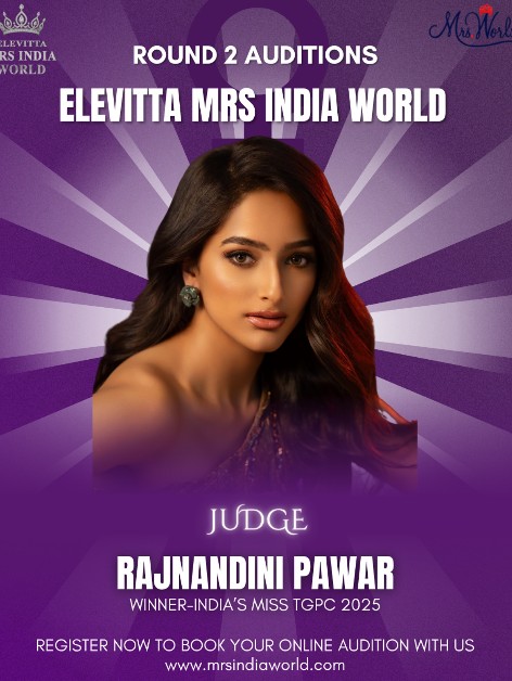 Rajnandini Pawar as a judge on the poster of the Elevitta Mrs India World beauty pageant