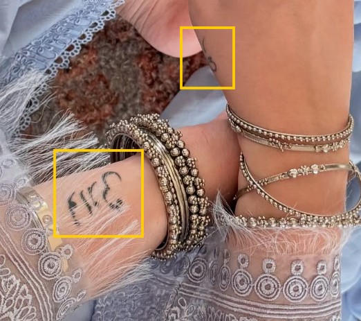 Samreen Kaur's tattoos on her left wrist and right hand