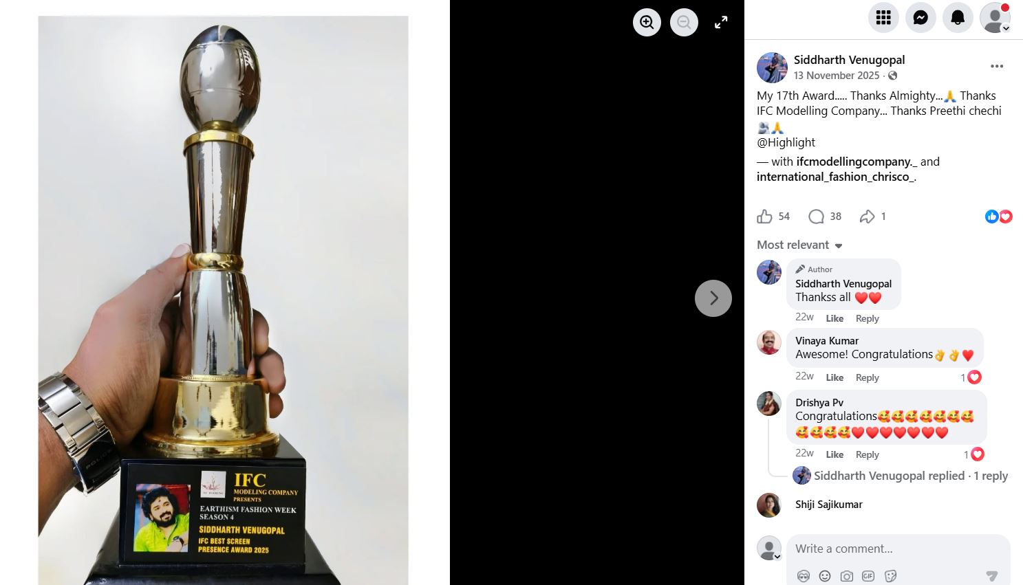 Siddharth Venugopal's Facebook post about receiving an award at IFC Modelling Company's Earthism Fashion Week Season 4