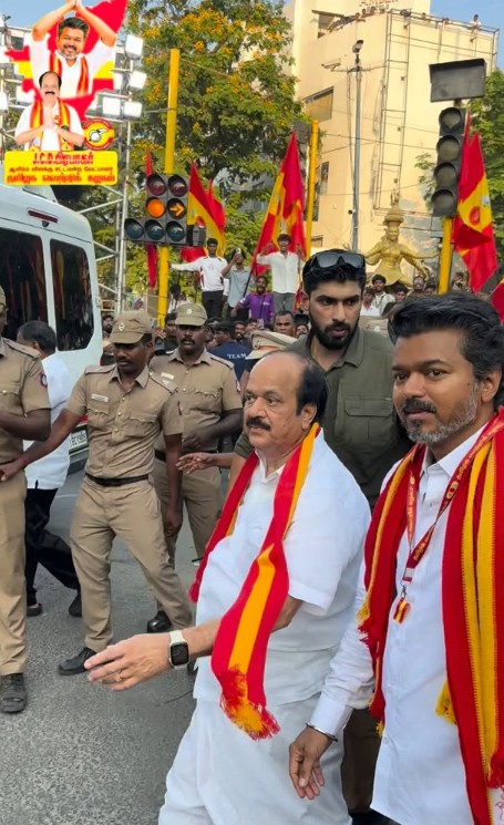 J.C.D. Prabhakar with Chief Minister C Joseph Vijay during a political campaign