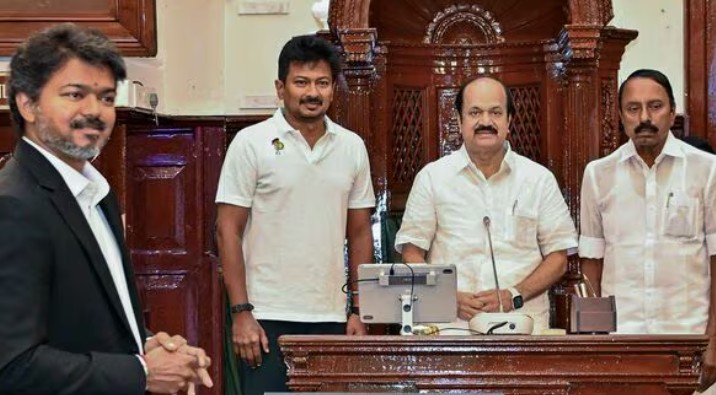 Tamil Nadu Assembly Speaker JCD Prabhakar, centre, with state Chief Minister C Joseph Vijay, left, former state Deputy CM and Assembly LoP Udhayanidhi Stalin, second left, and TVK leader KA Sengottaiyan, right, as the Assembly was convened for the day to elect the Speaker, in Chennai