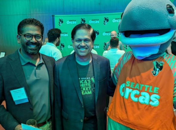 S. Somasegar (middle) with the Seattle Orcas cricket team mascot
