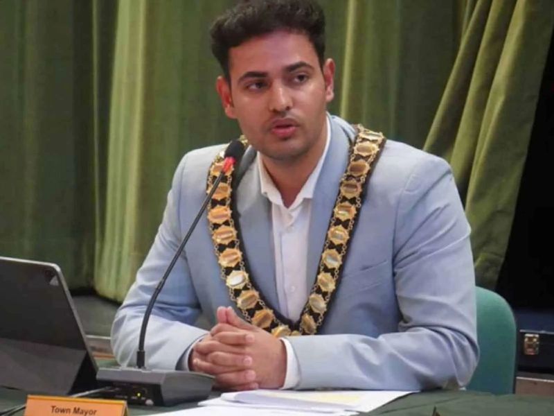 Tushar Kumar taking charge as the Mayor of Elstree and Borehamwood Town Council in Hertfordshire, England, during its annual Mayor Making Ceremony at Fairway Hall