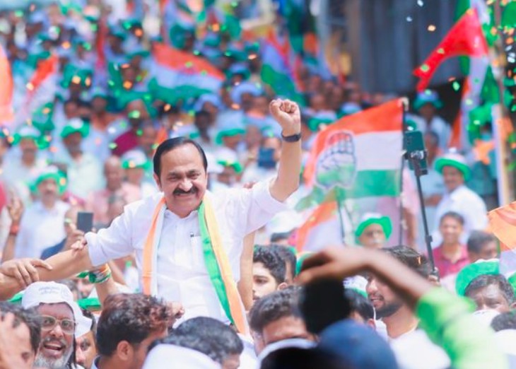 V. D. Satheesan celebrating after winning the 2026 Kerala Legislative Assembly elections