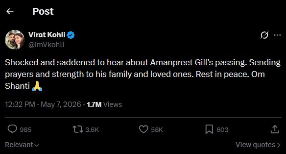 Virat Kohli's tweet about Amanpreet Gill