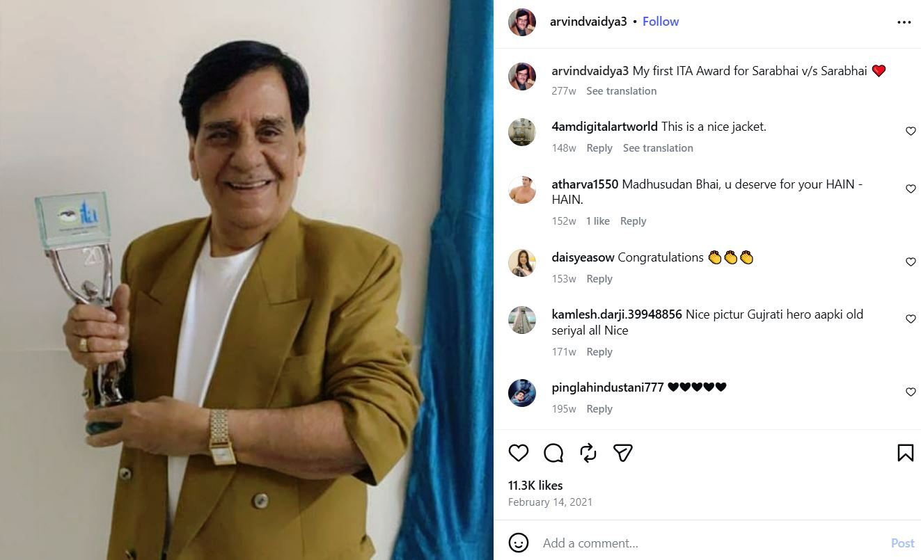 Arvind Vaidya's Instagram post about winning an award at the 20th Indian Television Academy (ITA) Awards