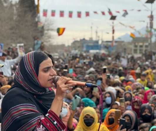 Mahrang Baloch, while addressing a protest