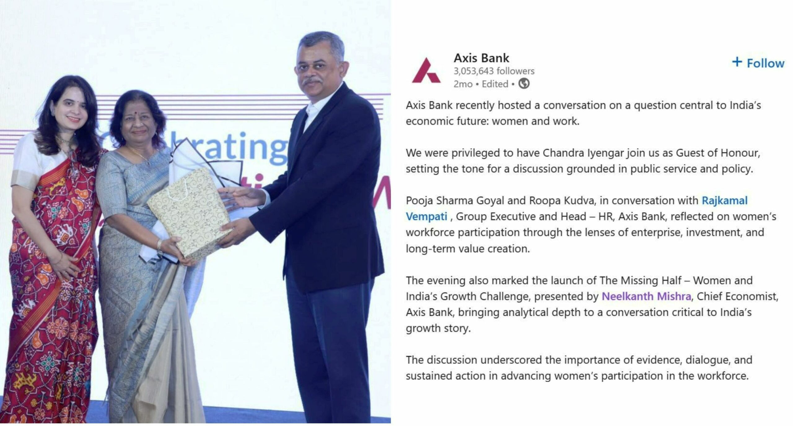 Neelkanth Mishra presenting The Missing Half - Women and India's Growth Challenge at an Axis Bank event focused on women's participation in the workforce and its impact on India's growth story
