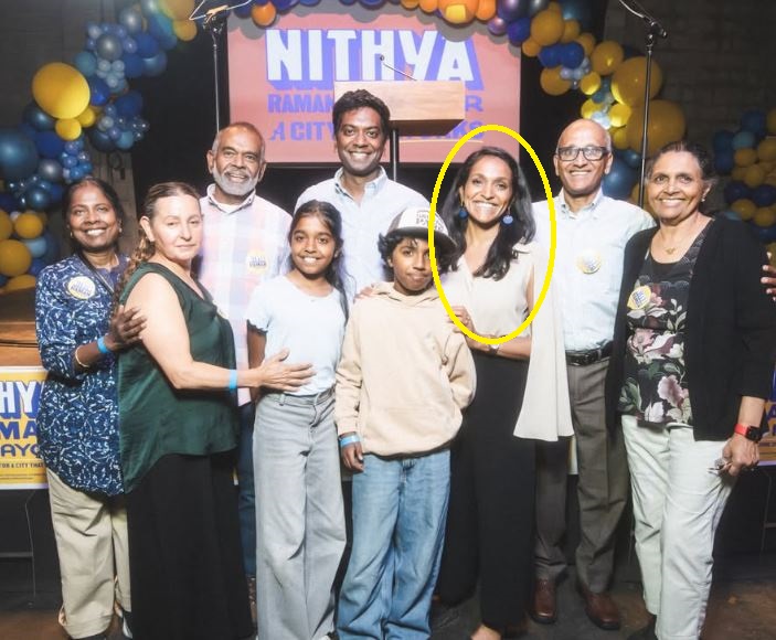 Nithya Raman with her family, after she advanced to the 2026 Mayoral election run-off