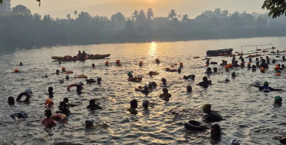 Saji Valasseril's students while practicing swimming at Valasseril River Swimming Club (VRSC)