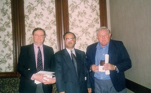 Syed Amin Tabish (center) with Errol Pickering (right), Director General of the International Hospital Federation, Dallas, Texas, USA, 1998