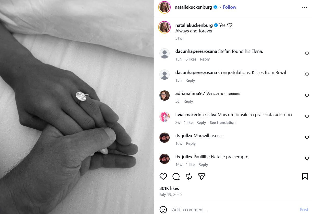 A screenshot of Instagram post shared by Natalie Kuckenburg about her engagment with Paul Wesley in 2025
