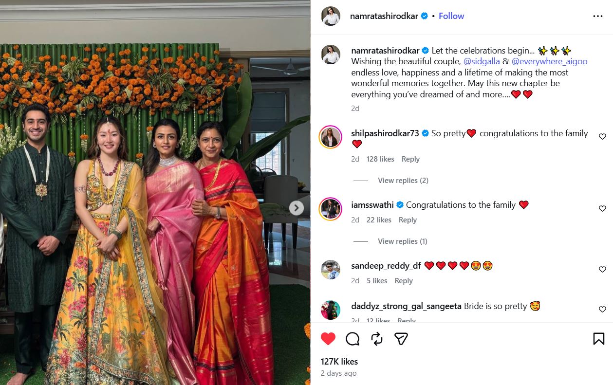 A screenshot of Namrata Shirodkar's Instagram post announcing the engagement of Hyein Kim and Siddharth Ghattamaneni